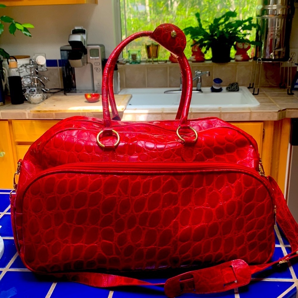 Brand new Terrida Italian red croc embossed leather duffel.